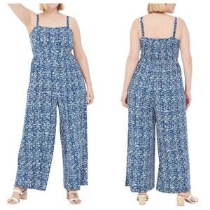 Lane Bryant Jersey Jumpsuit Wide Leg Empire Elastic Waist Blue White Size 18/20